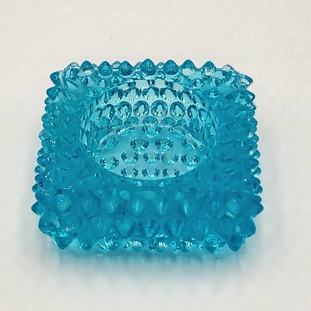Vintage Fenton Blue Hobnail Glass Square Votive Candle Holder Teal Small 2.75